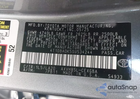 2025 Toyota Camry Xle from USA, damaged, VIN 4T1DBADK5SU534244